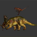 3D Dinosaur Scene Featuring Large Triceratops And Small Red Dinosaurs