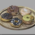 Five Various Types of Donuts with Assorted Toppings on Wooden Tray