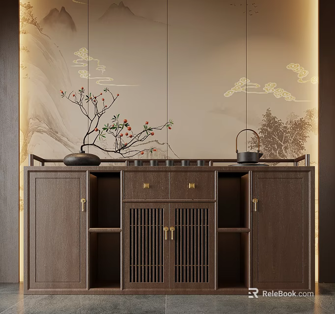 Chinese Style Wooden Cabinet With Tea Set Decorative Plant And Traditional Cloud Patterns 3d model 