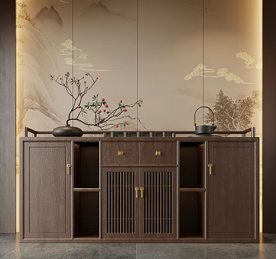 Chinese Style Wooden Cabinet With Tea Set Decorative Plant And Traditional Cloud Patterns 3d model
