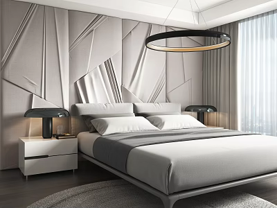 Modern Bedroom Featuring Double Bed Background Geometric Light Gray Wall Panel Bedside Tables Black Lamps 3d model