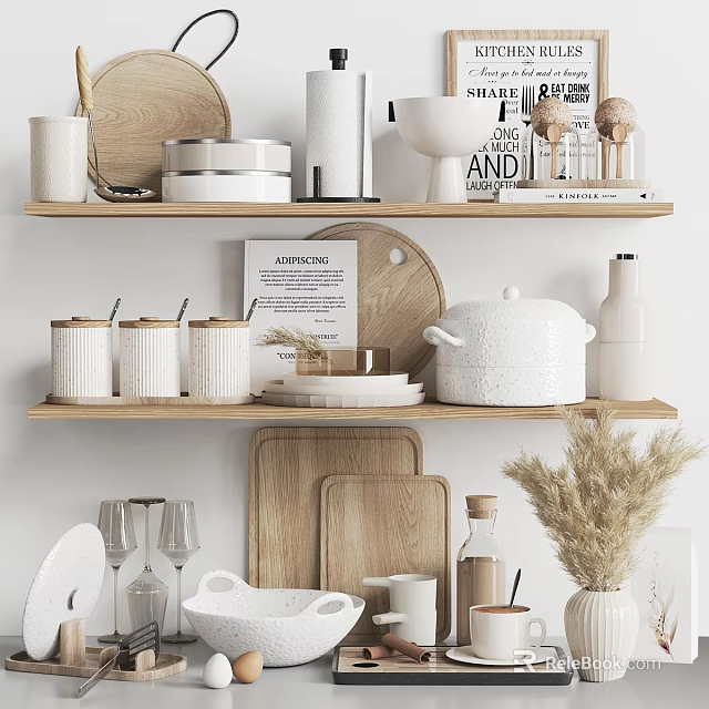 Minimalist Kitchen Shelves Filled With Assorted Kitchenware And Decor 3d model