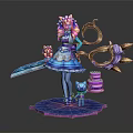 Colorful Haired Character In Blue Dress With Giant Scissors And Blue Cat Holding Cake