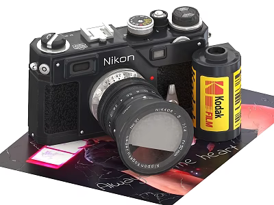 Vintage Nikon Camera Body With Lens And Kodak Film Roll On Surface 3d model