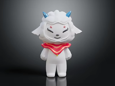 Cartoon Character With Sheep like Creature Features White Body Blue Horns Red Scarf Standing Pose 3d model
