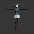 Anime Style Character With Blue Purple Hair Dark Coat White Plaid Skirt And Outstretched Arms