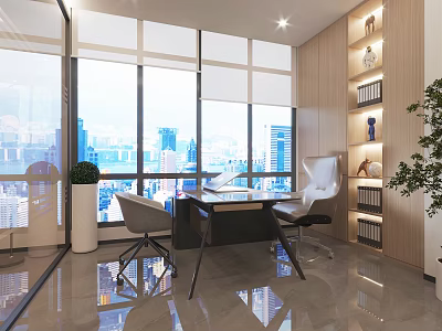 Modern Office Interior With Large Windows City View Desk Chair Wooden Bookshelf And Potted Plant 3d model