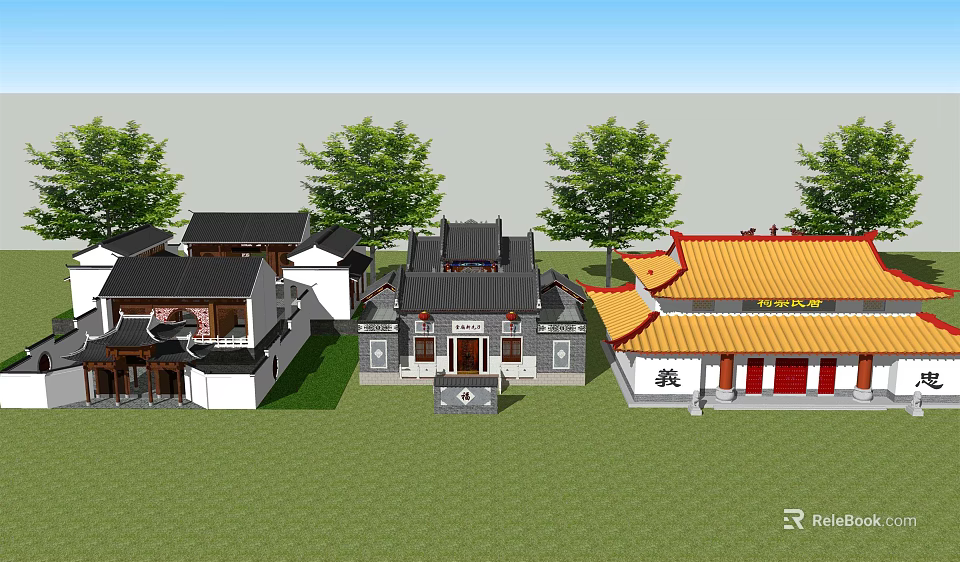 Traditional Chinese Ancient Architecture With Black Yellow Roofs Courtyard Green Lawn And Trees 3d model 