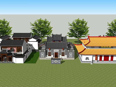 Traditional Chinese Ancient Architecture With Black Yellow Roofs Courtyard Green Lawn And Trees 3d model