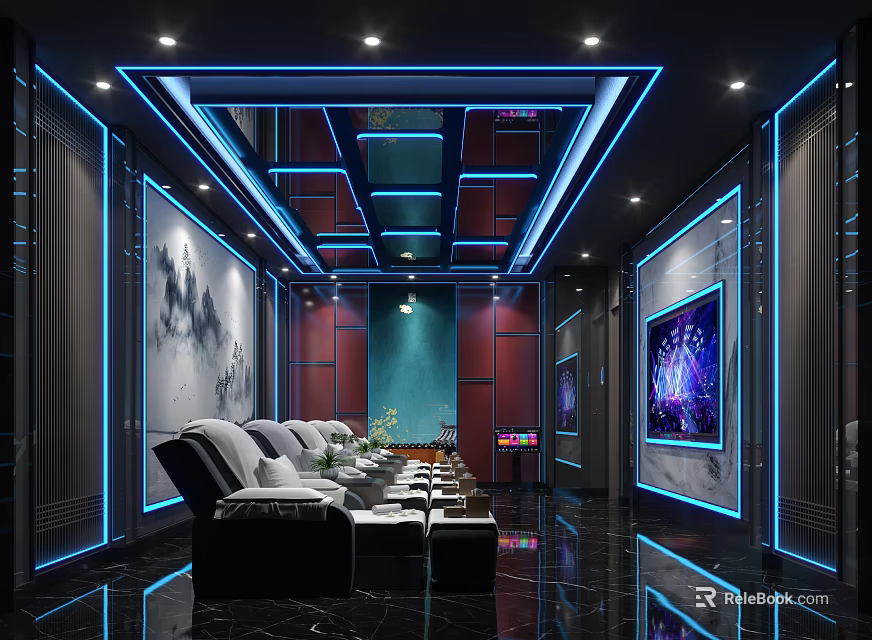 Modern SPA Sauna Interior With Blue Lighting Comfortable Sofas And Decorative Paintings 3d model