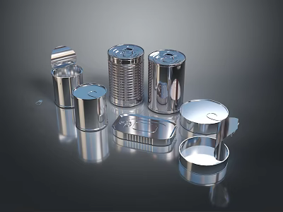 Multiple Silver Reflective Metal Cans for Food Storage in Various Shapes on Black Background 3d model