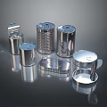 Multiple Silver Reflective Metal Cans for Food Storage in Various Shapes on Black Background