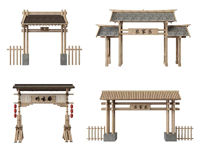 Chinese Style Bamboo Entrance Gate With Tile Roof Wooden Plaque And Red Lanterns 3d model