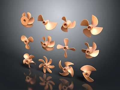 Multiple Brass Propellers With Different Blade Designs Arranged On Dark Surface 3d model