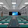 Bright Modern Laboratory Interior With Green Lab Tables Hanging Equipment And Overhead Lights