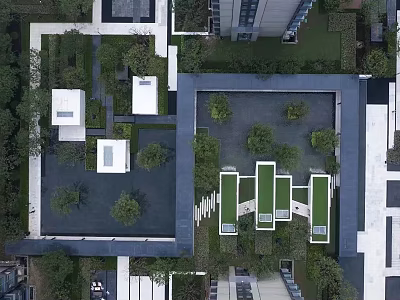 Contemporary Residential Landscape With Geometric Courtyard Design Lush Greenery And Trees 3d model