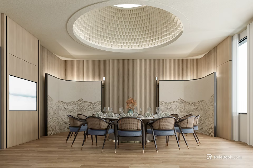 Elegant Private Dining Room With Round Table Wooden Walls And Honeycomb Ceiling 3d model 