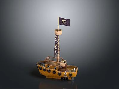 Pirate Ship Model with Yellow Hull Purple Skull Flag Round Windows and Deck Details 3d model