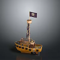 Pirate Ship Model with Yellow Hull Purple Skull Flag Round Windows and Deck Details