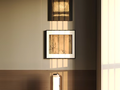 Abstract Painting With Warm Hues In Black Frame Hanging On Wall With Sunlight Streaks 3d model