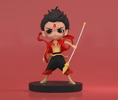 Chibi Game Movie Character With Red Cape Black Pants Golden Staff And Red Mark Forehead 3d model