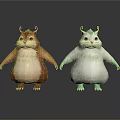 Chubby Cartoon Creatures With Horns And Fluffy Bellies Standing On Gray Background With Floor Reflections