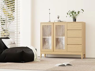 Modern Wooden Console Cabinet And Side Cabinet With Glass Doors Table Lamp And Potted Plant 3d model