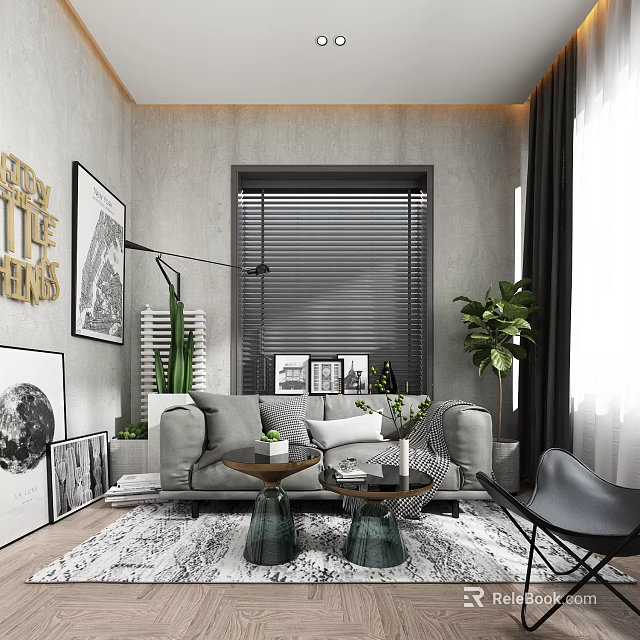 Modern Living Room Interior Design With Gray Sofa Decorative Paintings Green Plants And Blinds 3d model 