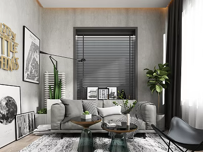 Modern Living Room Interior Design With Gray Sofa Decorative Paintings Green Plants And Blinds 3d model