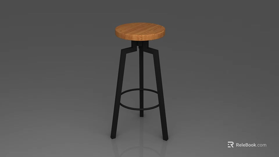 Round Wooden Seat Bar Stool With Black Metal Frame And Circular Footrest 3d model 