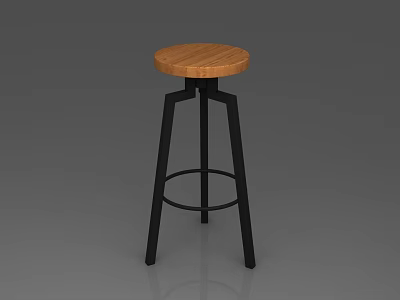 Round Wooden Seat Bar Stool With Black Metal Frame And Circular Footrest 3d model