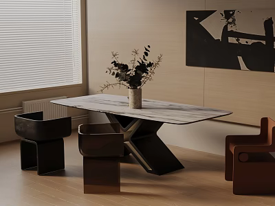 Modern Dining Table Set with Marble Top Black Brown Chairs and Decorative Plants 3d model