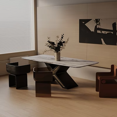 Modern Dining Table Set with Marble Top Black Brown Chairs and Decorative Plants 3d model