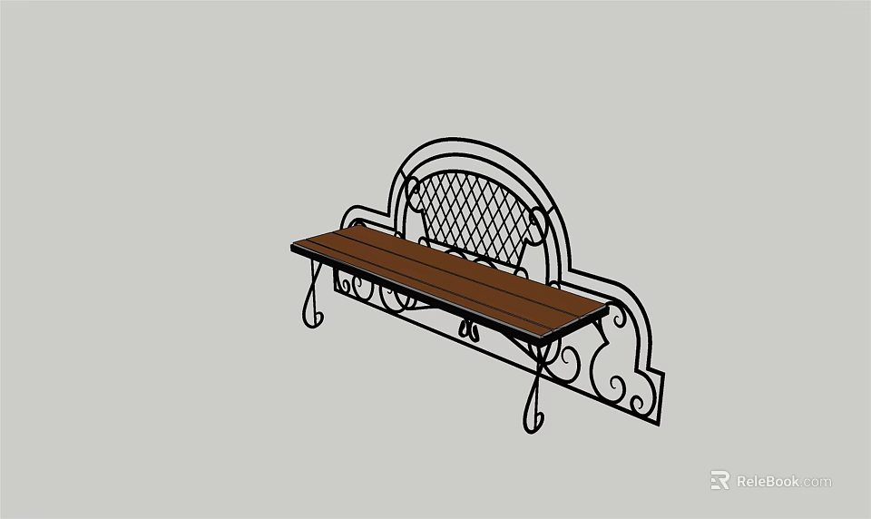 Outdoor Bench With Metal Frame Wooden Seat Decorative Lattice Backrest And Curved Accents For Garden 3d model 