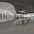 Modern Sleek Company Reception Desk With Gradient Orange Surface Marble Logo Wall And Office Computers