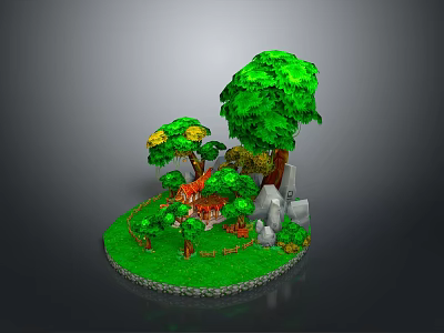 Scenic Small Island Landscape With Tall Green Trees Red Cottage Rocks And Lush Grass 3d model