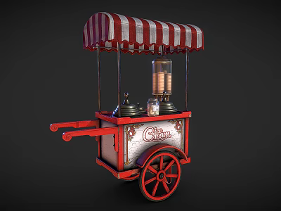 Vintage Ice Cream Cart With Red And White Striped Canopy And Red Wheels 3d model