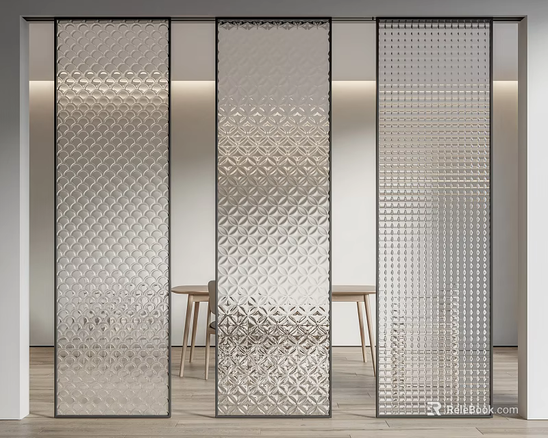 Modern Glass Partition With Geometric Patterns In Interior Design 3d model