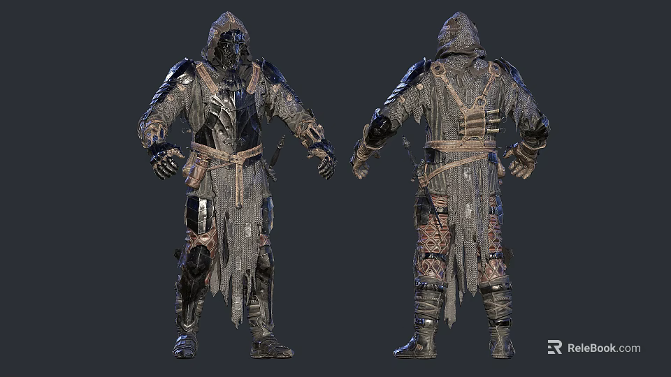 Two Armored Warriors in Detailed Medieval Armor with Cloth Fringes Front and Back Views 3d model 