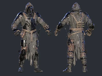 Two Armored Warriors in Detailed Medieval Armor with Cloth Fringes Front and Back Views 3d model