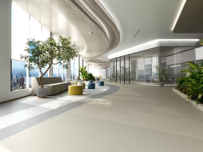 Modern Public Office Space With Large Windows Green Plants Sofa And Glass Partitions 3d model