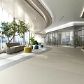 Modern Public Office Space With Large Windows Green Plants Sofa And Glass Partitions