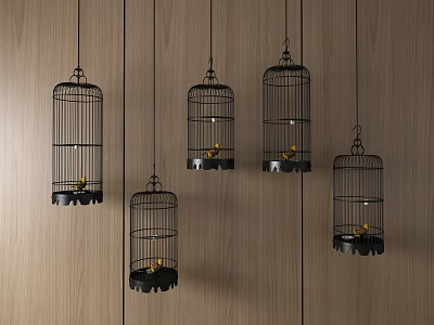 Decorative Ornament Set of Hanging Black Birdcages with Small Yellow Items Against Wooden Wall Background 3d model