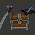 Pirate Themed Treasure Chest With Skull Emblem Curved Sword And Feathered Hat