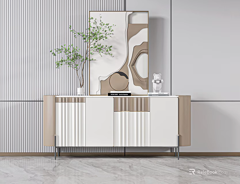 Modern Entryway Console Table With White Brown Design And Potted Plant Artwork 3d model