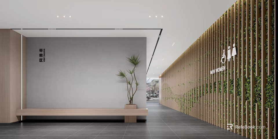 Modern Style Elevator Hallway With Gray Wall Wooden Partitions Green Plants Bench And Floor Tiles 3d model 