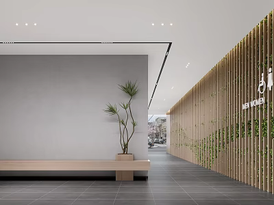 Modern Style Elevator Hallway With Gray Wall Wooden Partitions Green Plants Bench And Floor Tiles 3d model