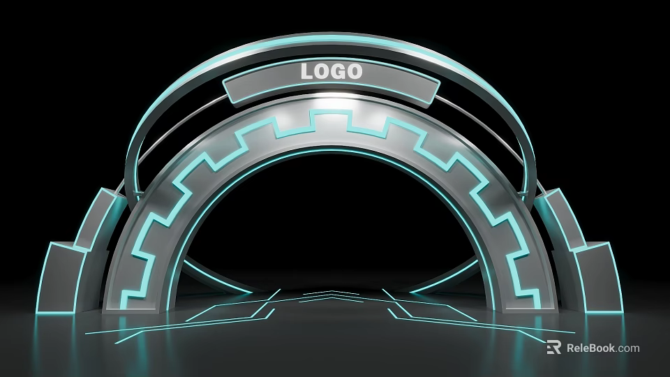 Futuristic Event Entrance With Curved Metallic Design LOGO Display And Illuminated Blue Lines 3d model 