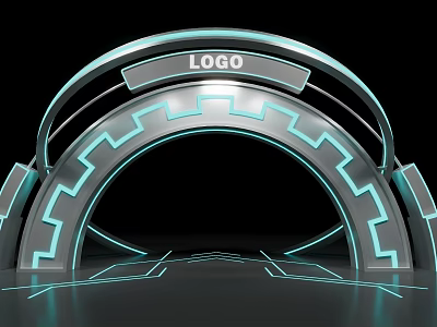 Futuristic Event Entrance With Curved Metallic Design LOGO Display And Illuminated Blue Lines 3d model