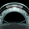 Futuristic Event Entrance With Curved Metallic Design LOGO Display And Illuminated Blue Lines
